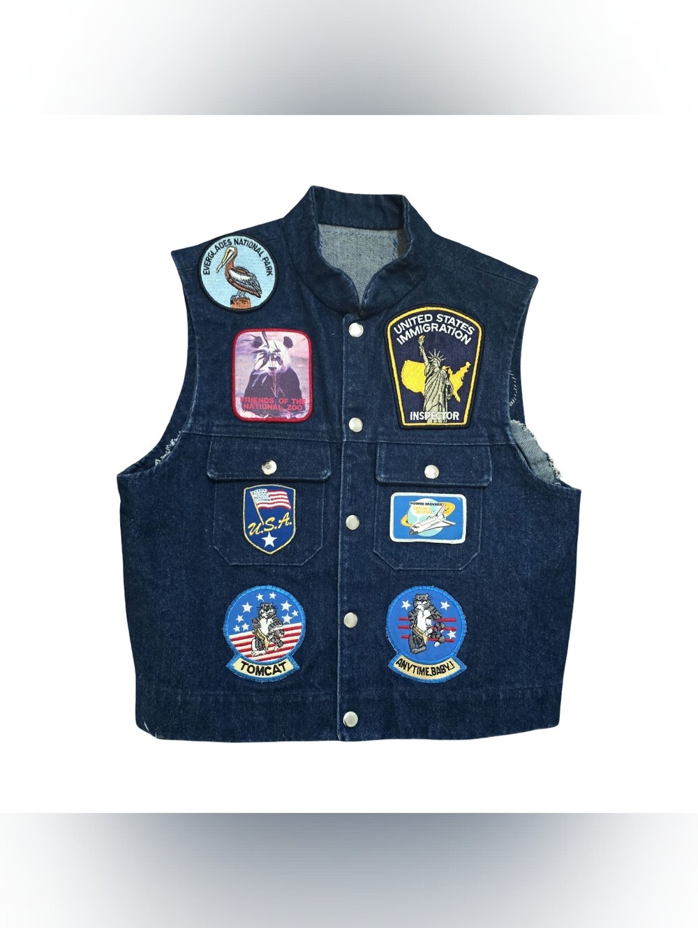 Vintage 80s Denim Patch Vest USA Tomcat Space Shuttle National Park